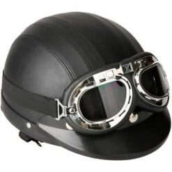 BEARSU Casque De Moto Scooter Vespa, Casque Coupe-vent D'hiver Avec Visière UV Lunettes Retro Style De Vintage 54-60cm (Noir)
