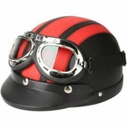 BEARSU Casque De Moto Scooter Vespa, Casque Coupe-Vent D'hiver Avec Visière UV Lunettes Retro Style De Vintage 54-60cm (Rouge)