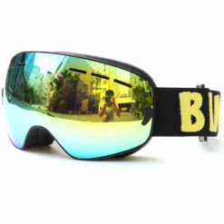 BENICE Enfants Ski Snowboard Lunettes De Patinage Protection UV Anti-buee Large Spherique PC Lentille Antiderapante Sangle Compatible Casque, Modele: Cadre Noir & Lentille Or