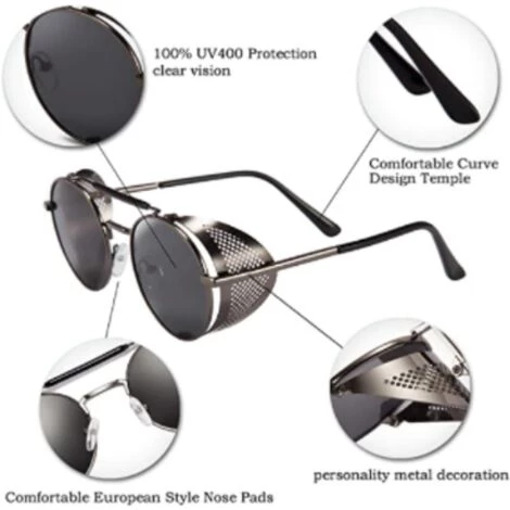 GUAZHUNIFR Classique Vintage Lunettes De Soleil Guazhuni Steampunk Homme Protection UV400 Rond Cadre En Métal Lunettes De Soleil Femme(Monture Argentée / Lentille Noir) 3 GUAZHUNIFR Classique Vintage Lunettes De Soleil Guazhuni Steampunk Homme Protection UV400 Rond Cadre En Métal Lunettes De Soleil Femme(Monture Argentée / Lentille Noir) – Image 3