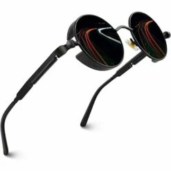PERLE RARE Lunettes De Soleil Homme Femme Ronde Polarisées Inspirées Du Style Retro Steampunk En Cercle Métallique(cadre Noir Gris)
