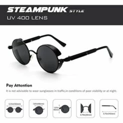 PERLE RARE Lunettes De Soleil Homme Femme Ronde Polarisées Inspirées Du Style Retro Steampunk En Cercle Métallique(cadre Noir Gris) -Promos Protection des yeux : lunettes et masque Magasin 56652010 4