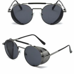 DONTODENT Lunettes De Soleil Rondes Steampunk Pour Lunettes Rétro Pour Hommes Et Femmes - Monture De Pistolet Plaqué Noir Et Gris