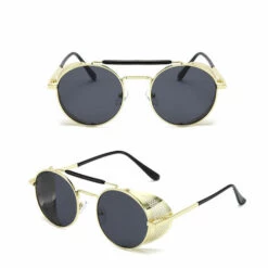 DONTODENT Lunettes De Soleil Rondes Steampunk Pour Lunettes Rétro Pour Hommes Et Femmes - Monture Noire Et Grise Plaquée Or.