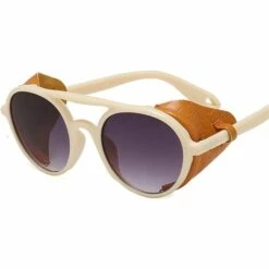 BAICCCF Lunettes De Soleil Steampunk Rondes à La Mode Hommes Femmes Lunettes De Soleil Punk En Cuir Vintage Homme Femme Rétro Noir (couleur Des Lentilles : Orange Marron)