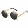 BENOBBY KIDS Lunettes De Soleil Polarisées Ronde Rétro Métal Cadre Steampunk Pour Homme Et Femme Unisexe Avec Protection UV400 MTS2（Feuille Grise Cadre Doré）