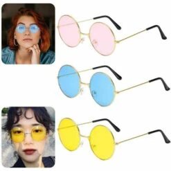 KARTOKNER Lunettes De Soleil Rondes Rétro Hippie Cercle Colored Lunes Blue Rose Jaune Lens 3 Paires, Lunettes De Soleil Rondes -Promos Protection des yeux : lunettes et masque Magasin 64455201 4