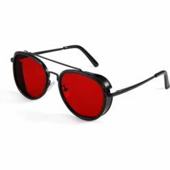 DONTODENT Lunettes De Soleil Steam Punk Rétro Rondes Steampunk Double Pont Lunettes D'aviateur Pour Femmes Hommes B2822 Lentille Rouge