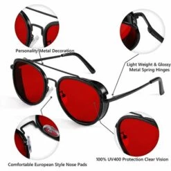 DONTODENT Lunettes De Soleil Steam Punk Rétro Rondes Steampunk Double Pont Lunettes D'aviateur Pour Femmes Hommes B2822 Lentille Rouge -Promos Protection des yeux : lunettes et masque Magasin 65034421 3