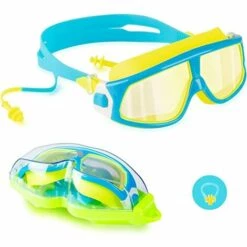 BF Lunettes De Natation, Lunettes De Natation Miroir étanches, Protection UV Anti-buée à 180 Degrés Avec Housse Gratuite Et Pont En Silicone Souple Pour Adultes Hommes Femmes Adolescents Lac Bleu Plus Jaune