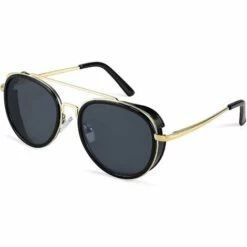 DONTODENT Lunettes De Soleil Steam Punk Rétro Rondes Steampunk Double Pont Lunettes D'aviateur Pour Femmes Hommes B2822 Lentille Grise