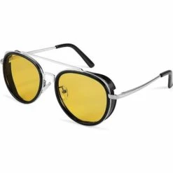 DONTODENT Rétro Steam Punk Lunettes De Soleil Rondes Steampunk Double Pont Aviateur Lunettes Pour Femmes Hommes B2822 Lentille Jaune