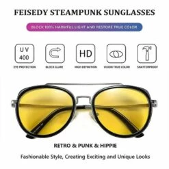 DONTODENT Rétro Steam Punk Lunettes De Soleil Rondes Steampunk Double Pont Aviateur Lunettes Pour Femmes Hommes B2822 Lentille Jaune -Promos Protection des yeux : lunettes et masque Magasin 65381378 3