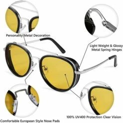 DONTODENT Rétro Steam Punk Lunettes De Soleil Rondes Steampunk Double Pont Aviateur Lunettes Pour Femmes Hommes B2822 Lentille Jaune -Promos Protection des yeux : lunettes et masque Magasin 65381378 4