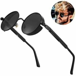 BAICCCF Lunettes De Protection 1 Pièces Lunettes De Soleil Polarisées Pour Hommes, Protection UV, Femmes Rondes De Style Gothique, Cadre De Cercle En Métal - Le Noir