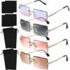 BAICCCF Lunettes De Protection Lot De 4 Lunettes De Soleil Rectangulaires Sans Monture Vintage Lunettes Sans Monture Lunettes De Soleil Rétro Monture En Métal Lunettes Pour Hommes Femmes-thé Gris Rose Bleu Rose - Thé Gris Rose Bleu Rose
