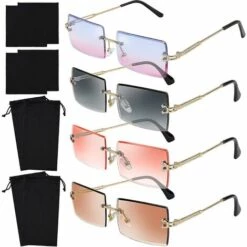 BAICCCF Lunettes De Protection Lot De 4 Lunettes De Soleil Rectangulaires Sans Monture Vintage Lunettes Sans Monture Lunettes De Soleil Rétro Monture En Métal Lunettes Pour Hommes Femmes-thé Gris Rose Bleu Rose - Thé Gris Rose Bleu Rose