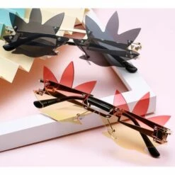 Lunettes De Soleil Sans Cadre En Forme De Feuille D'érable Amusantes Et Irrégulières Avec Une Sensation De Lunettes De Soleil De Couleur Contrastante (film Gris Cadre Doré C5),HANBING -Promos Protection des yeux : lunettes et masque Magasin 65834679 2