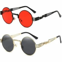 Lunettes De Soleil Rondes Steampunk Cadre En Métal (lentilles Rouges à Monture Noire)——Adélala -Promos Protection des yeux : lunettes et masque Magasin 66379269 5